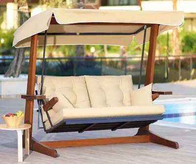 Produktbild von Casa Padrino Luxus Hollywood Schaukel Cremefarben / Braun - Moderne Wetterfeste Garten Schaukel mit Sonnendach - Garten Terrassen Hotel Möbel - Luxus Kollektion