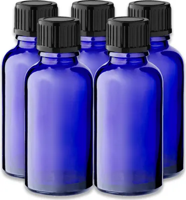 Produktbild von 5x Blaue Glasflasche 30 ml mit schwarzem Kunststoff-Schraubverschluss