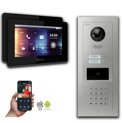 Produktbild von Goliath IP Video Türsprechanlage: 7-Zoll 2 Familienhaus, RFID, Zahlencode, Silber : 7 Zoll Schwarz : 4er POE : Aufputz Dose Anschluss: 4er POE Monitor Farbe: 7 Zoll Schwarz Montage: Aufputz Dose