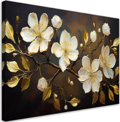 Produktbild von Leinwandbild Weiße Blumen auf einem Zweig 120x80 Feeby Beige bild für die wand bereit zum aufhängen