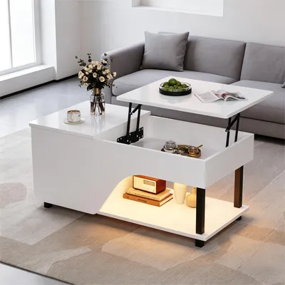 Produktbild von MODFU Hochglänzender Couchtisch mit LED Beleuchtung Sofatisch Beistelltisch mit verstecktem Stauraum höhenverstellbarer mit seitlicher Ablage Weiß