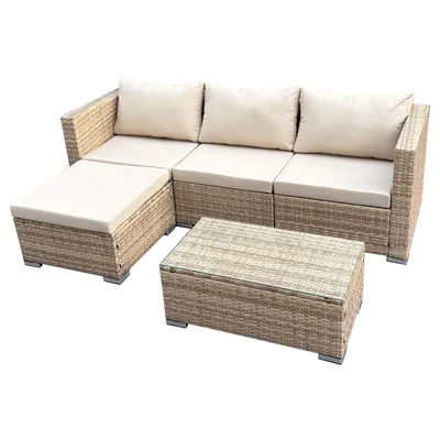 Produktbild von SVITA QUEENS Gartenlounge 5-teilig Polyrattan Lounge Set wetterfest Garten Terrasse Balkon inkl. Kissen Glas Tisch Beige