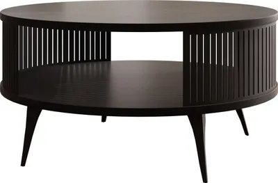 A dark wood coffee table with a slatted side and two tiers.