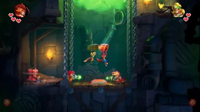 A scene from a video game showing characters in a fantasy setting with pipes and green liquid.
