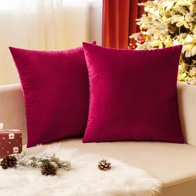 Imagen del producto de Funda de cojín de terciopelo, diseño navideño, 2 unidades, 45 x 45 cm, color rojo burdeos
