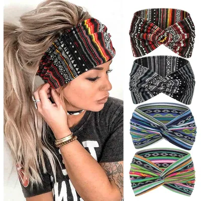 Produktbild von 4er-Set Boho Stirnbänder für Damen, Vintage Haarband mit Knoten, Elastisch & Breit. Haarschmuck für Yoga, Sport & Alltag