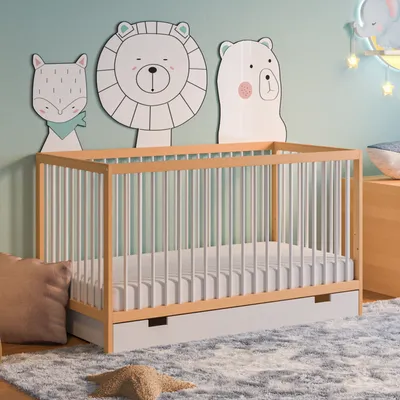 Obrázok produktu pre Detská postieľka so zásuvkou a matracom Detská postieľka 60x120 a 70x140 cm výškovo nastaviteľné a odnímateľné priečky | 60x120 cm bukové drevo prírodná biela veľmi stabilná Vyrobené v Európe