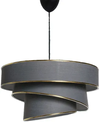 A pendant lamp with multiple grey fabric shades trimmed with gold.