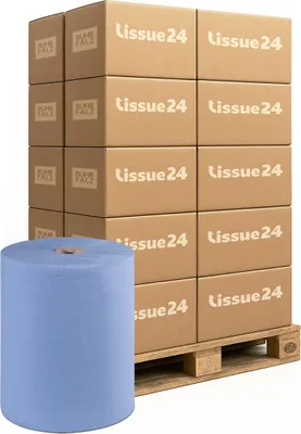Produktbild von Tissue24 Putztuchrollen 3-lagig blau – 1000 Blatt, 36×35 cm, Zellstoff, starke Werkstattrollen – 1 Palette (30 Rollen)