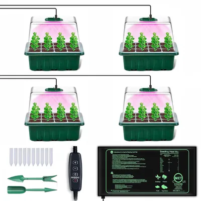 Produktbild von Zimmergewächshaus Anzuchtkasten mit Vollspektrum Pflanzenlampe und Heizmatte 4 Stück Mini Gewächshaus Anzuchtschale Setzling Starter Tabletts