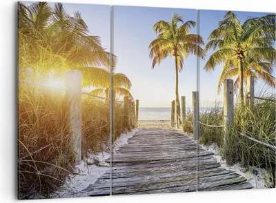 Produktbild von Bild auf Leinwand - Leinwandbild - 3 Teile - Strand Palmen Fußgängerbrücke - 105x70cm - Wand Bild - Wanddeko - Wandbilder - Leinwanddruck - Bilder - Wanddekoration - Leinwand bilder - CE105x70-4171