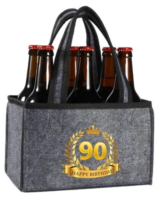 Immagine prodotto di Borsa in feltro per bottiglia, ideale per il 90° compleanno di un uomo, con scritta "BUON COMPLEANNO", dimensioni 24x15x15 cm
