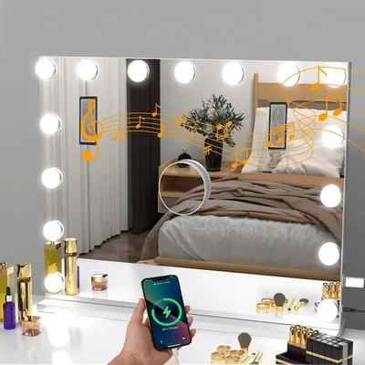 Obrázek produktu pro LED kosmetické zrcátko – kosmetické zrcátko – Bluetooth reproduktor – stmívatelné dotykem – USB port pro nabíjení – zvětšovací – 58 × 46 cm