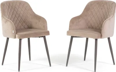 Produktbild von Set 2 gepolsterte Stühle TESSA aus Samt mit Armlehnen, hoher Rückenlehne und Metallbeinen, elegantes und modernes Design –Beige/Taupe