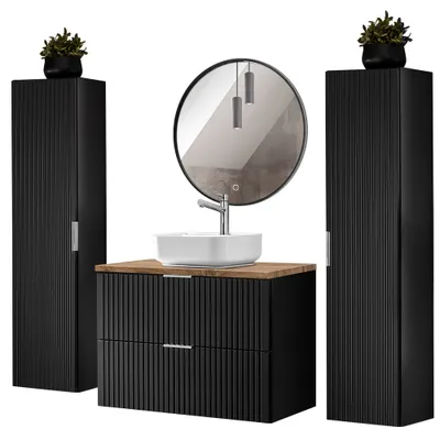 Produktbild von Badezimmer komplett Set, mit 2 Hochschränken, Keramik Waschbecken und LED Spiegel, schwarz matt mit Eiche Nb., Front gerillt, ADELAIDE-56-BLACK, B/H/T ca. 180/200/46,5 cm