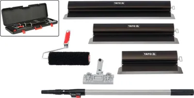 Produktbild von YATO Spachtelset 6 tlg Profi Flächenspachtel aus Edelstahl & Aluminium 400/600/800 mm inkl. Teleskopstiel, Roller & Koffer