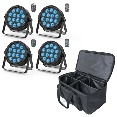 Zdjęcie produktu dla Reflektory sceniczne i DJ-skie LED PAR – Flat Par 84 W RGBW – 14 x 6 W 4 w 1 – DMX512 4/8 kanałów – wtyczka UE – zestaw 4 sztuk z torbą