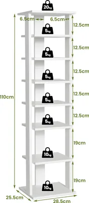 Obrázok produktu pre COSTWAY 8-poschodový stojan na topánky, drevený stojan na topánky, vertikálny organizér na topánky, voľne stojaci úložný regál, rohový regál pre domácnosť, biely