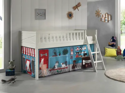 Produktbild von VIPACK - Spielbett SCOTT, LF 90 x 200 cm, mit Rolllattenrost, Leiter und Textilset "Pet Shop", weiß lackiert