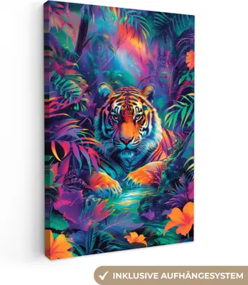 Produktbild von MuchoWow® - Leinwandbilder - Tiger - Tier - Dschungel - Farbenfroh, Wandbild, Wanddeko Bilder Wohnzimmer, 80x120cm