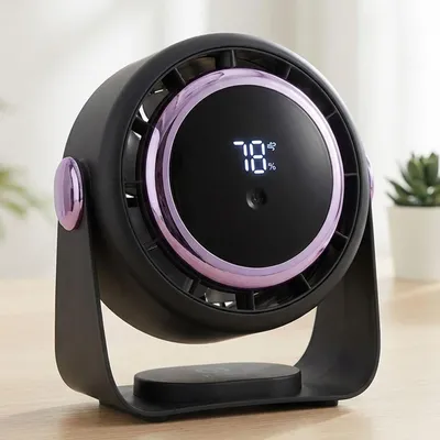 Produktbild von Akku Ventilator mit Digitalanzeige: Tischventilator, 5 Stufen, USB-C, tragbares Gebläse mit Haken - ideal für Home Office, Büro, Camping & Reisen