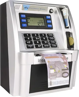 Zdjęcie produktu dla Bankomat dla dzieci - edukacyjna maszyna do przechowywania pieniędzy z hasłem i kartą płatniczą, czarny