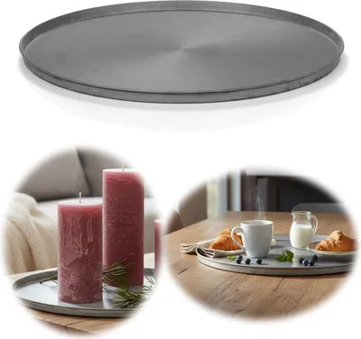 Produktbild von LS-LebenStil XL Metall Serviertablett Delhi 38cm Zink Rund Zinktablett Deko-Tablett Küchentablett Frühstückstablett Kerzen-Teller Kerzentablett