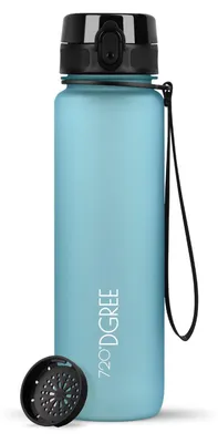A light blue water bottle with a black lid and a black strap is shown against a white background. A black filter attachment is placed next to the bottle.