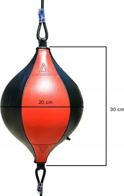 A red and black speedball hanging from a string, with dimensions indicated.