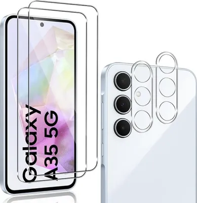 A product image showcasing screen protectors and camera lens protectors for a Samsung Galaxy A35 5G.
