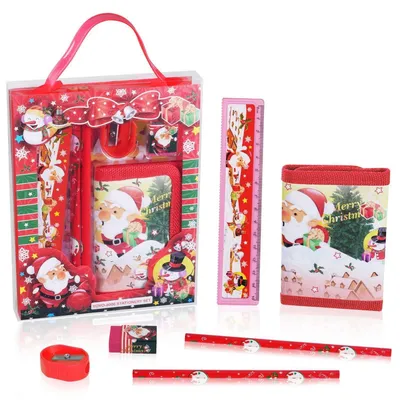 Image de Coffret cadeau de fournitures scolaires pour Noël, pour enfants | Gomme, taille-crayon, porte-monnaie, règle, crayons de papier