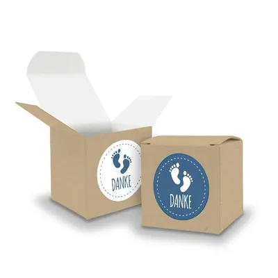 Produktbild von SET DANKE Fußabdrücke(Motiv29) 24x Faltschachtel Würfel 6,5cm BRAUN + Sticker