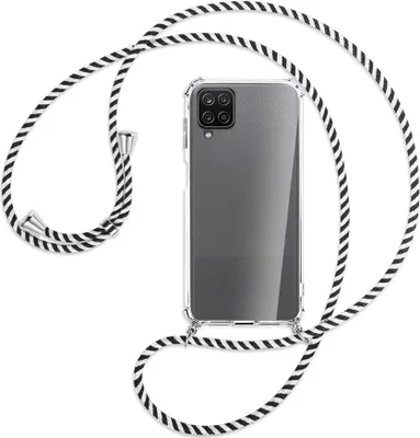 Produktbild von Handykette Backcover-Schutzhülle mit Band (Metall silberfarben) für Samsung Galaxy A12 - schwarz/weiß gestreift