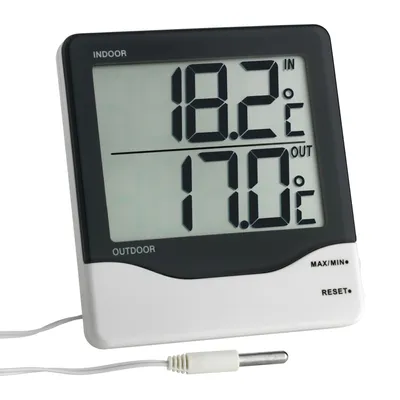 Zdjęcie produktu dla TFA Dostmann 30.1011, elektroniczny termometr otoczenia, wewnętrzny/zewnętrzny, cyfrowy, czarny, biały, plastikowy, stołowy, ścienny, okienny