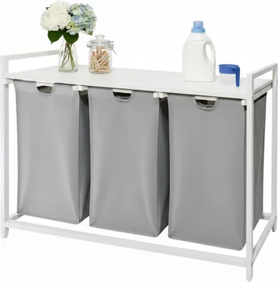 Zdjęcie produktu dla Relaxdays – kosz na bieliznę z 3 workami, pojemność 150 l, półka imitująca drewno, wymiary: 73,5 x 109,5 x 33 cm, kosz na bieliznę, szaro-biały