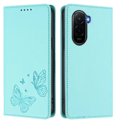 Obrázek produktu pro Kožené pouzdro pro Xiaomi Poco M7 4G, motýlí ražbou, peněženkové flip pouzdro se stojánkem Mátově zelená