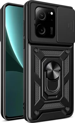 A black phone case with a ring stand and camera cover is shown against a white background.