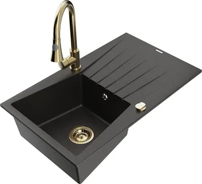 Produktbild von Mexen Cesar 1 Becken-Granitspüle mit Abtropffläche und Mischbatterie Elia, Schwarz/Gold metallisch - 6514-75-670101-50