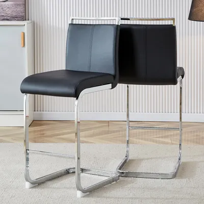 Produktbild von MODFU Barhocker 2er-Set Schwarz,Küchenstuhl mit silbernen Metallbeine auf horizontalem Balken,Loungesessel mit Sitzkissen und Rückenlehne,für Esszimmerstühle,Bürostuhl