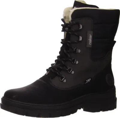 A single black winter boot is shown against a white background.