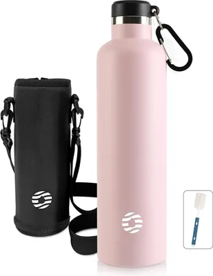 Produktbild von FEIJIAN Trinkflasche Edelstahl 1L mit Karabiner - auslaufsicher Thermosflasche für Kohlensäure Kaffee Tee, BPA-Frei Sport Outdoor Wasserflasche