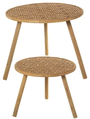 2er-Set runde Tische Holz & Rattan, 55x46 & 44x36 cm