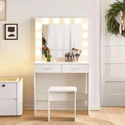 Immagine prodotto di Comò con specchio - Tavolino da trucco - Organizzatore per gioielli - Illuminazione LED "Hollywood" - 80x40x140 cm - Bianco