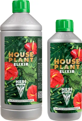 Two bottles of Hesi House Plant Elixir are shown side-by-side against a light gray background. The bottles are silver with green caps and feature labels with images of red anthurium flowers and green leaves.