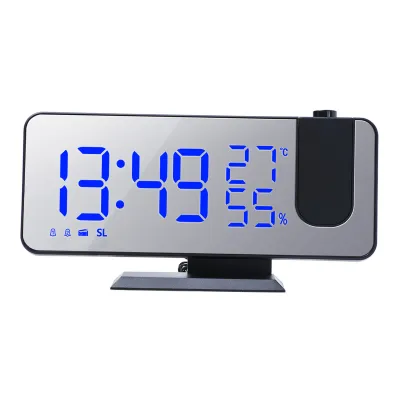 A digital projection alarm clock with a mirrored surface is shown against a white background.