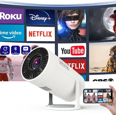 A projector is shown in front of a screen displaying various streaming service logos and images.