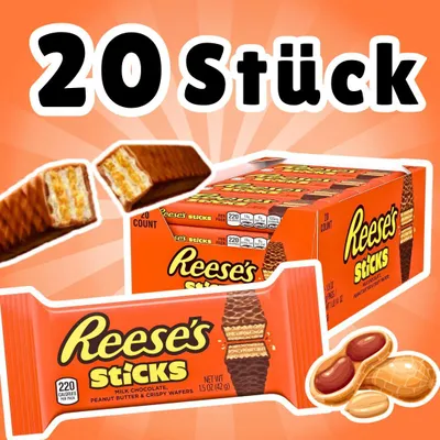 Produktbild von 20× REESE’S Peanut Butter Candy Sticks – Waffelröllchen mit Erdnussbutter & Milchschokolade – 20×42,5 g