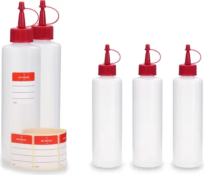 Immagine prodotto di 5 bottiglie di plastica da 250 ml, rotonde con tappi spray rossi (vuote)