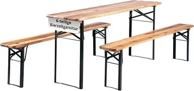 Zdjęcie produktu dla Zestaw mebli do namiotu festynowego Hirschgarten, 2 sztuki, długość 177 cm - Składany zestaw mebli festynowych, 2 stoły i 4 ławki - Zestaw mebli z drewna - Łatwy transport - Nadaje się do użytku wewnątrz i na zewnątrz - Wykończenie: naturalne