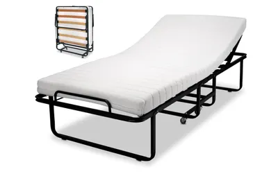 A folded guest bed is shown in the top left corner, while the main part of the image displays a single guest bed unfolded and ready for use.